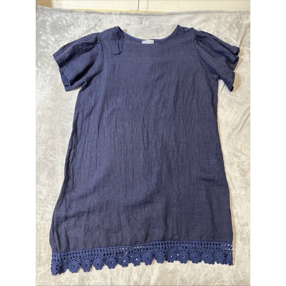 Bellambia 100% Linen Dress Size 2X Plus Short Sleeve Navy Blue Crochet Hem Boho - Picture 3 of 14